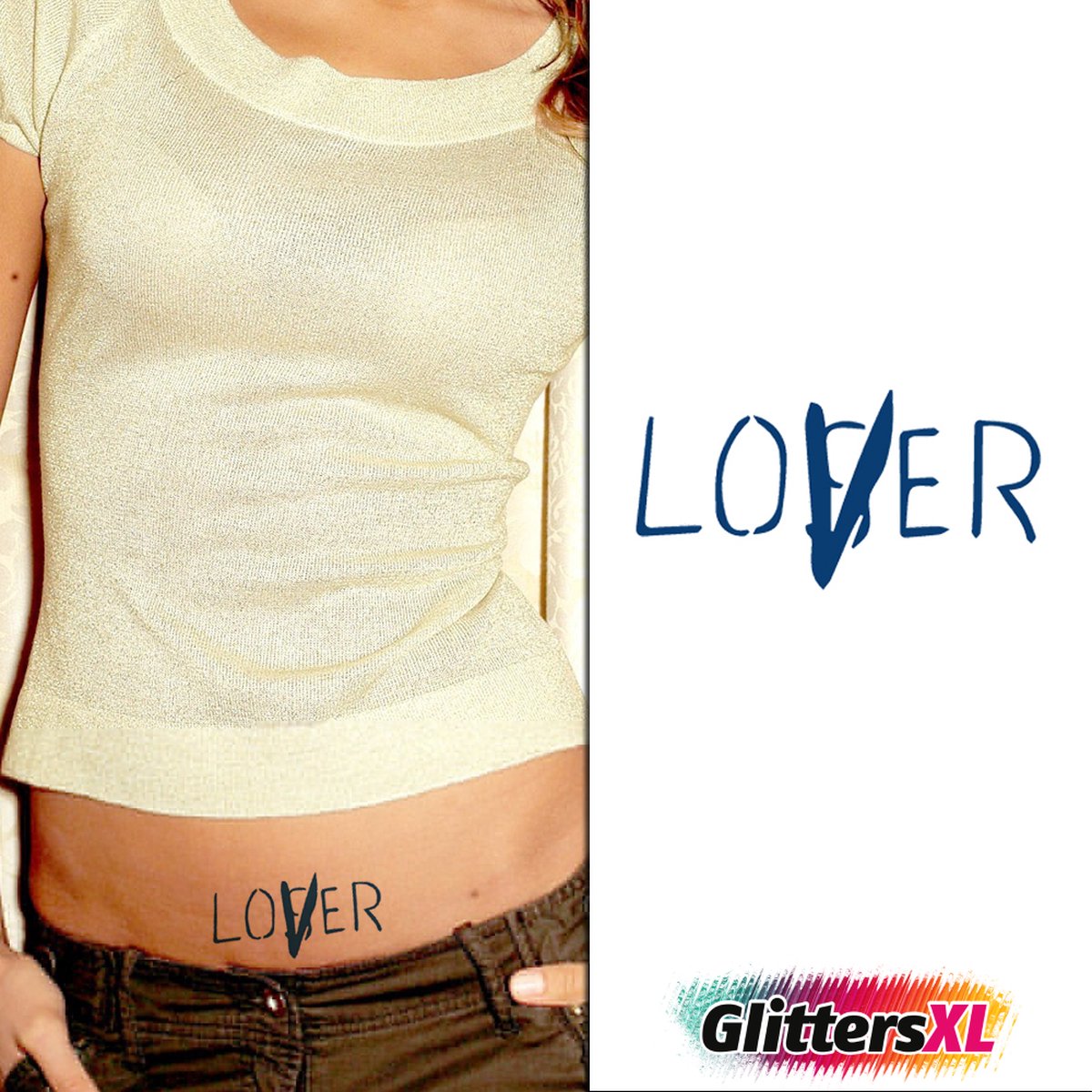 GlittersXL - Temporary Tattoo Lover/Loser (6x6 cm) [Semi-Permanente Neptattoo - Tijdelijke tatoeage - Nep Fake Tattoos - Water overdraagbare festival sticker henna outfit tattoo - Glitter tattoo - Volwassenen Kinderen Jongen Meisje]